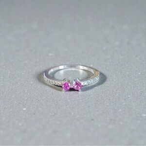 Created Pink Double Sapphire & Simulated Diamond Sterling Silver Stackable Ring